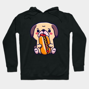 Cute Pug Dog Eating a Hot Dog - Kawaii Pug - Fun Puppy - Look at Those Eyes Hoodie